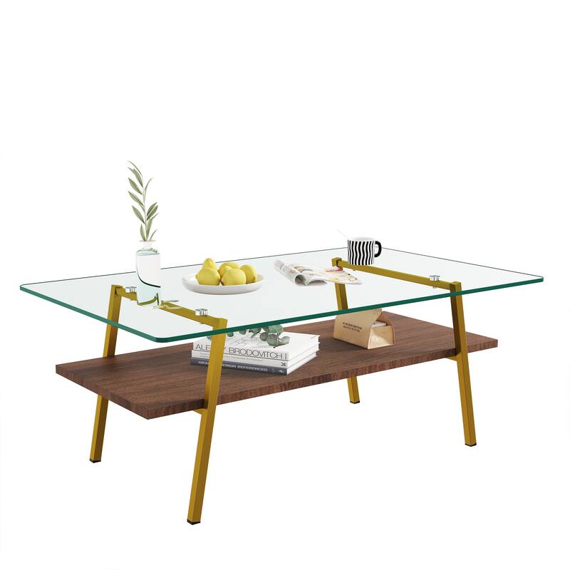 Rectangle Tempered Glass Tabletop with Gold Metal Legs - N/A