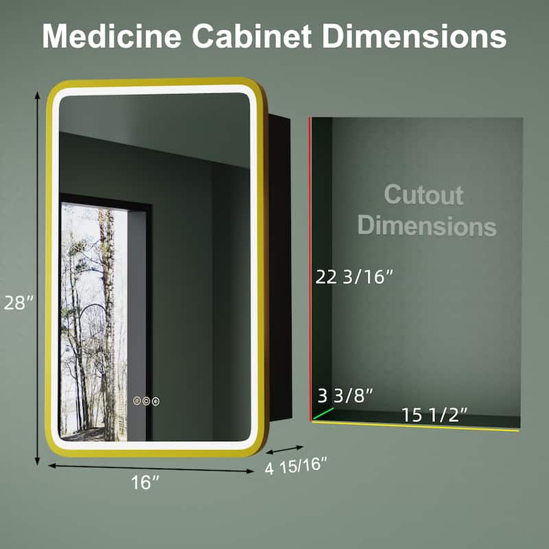Milo LED Iron Medicine Cabinet with Mirror, Dimmable, Anti-fog, Adjustable Glass Shelves, Recessed or Surface Mount