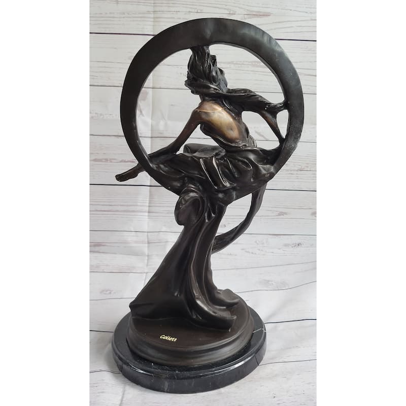 Girl Sitting On The Moon Bronze Statue Sculpture Art Deco Nouveau 17 Inches X 10 Inches