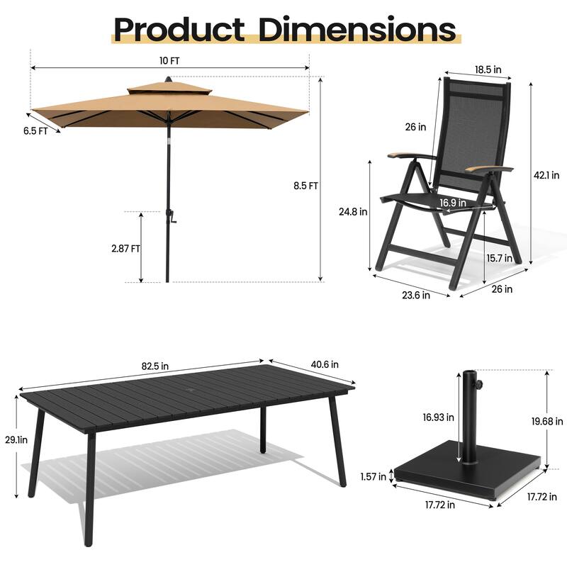 11PC Outdoor Patio Dining Set Wood-Like Aluminum Umbrella Hole Table with Folding Chairs,Double Top Market Umbrella and Base