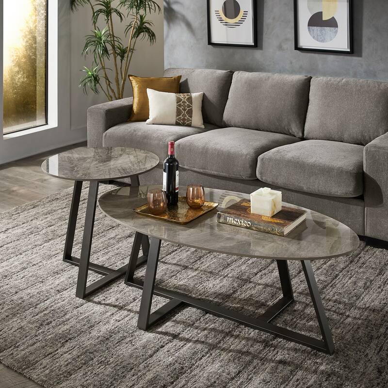 Jurmala Glossy Sintered Stone with Grey Metal Base Tables by iNSPIRE Q Modern - Coffee and End Table Set - Grey
