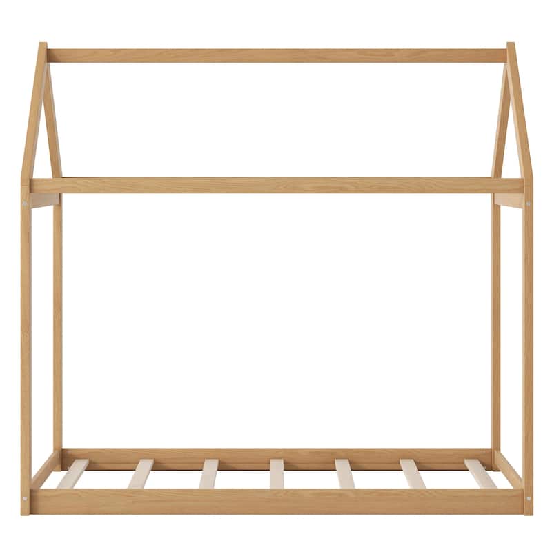 Solid Pinewood Twin Size House Shaped Floor Bed Frame with Roof Design
