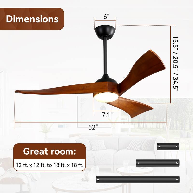 52" Wood 3-Blade Ceiling Fans with Dimmable LED Light and Remote, 6-Speed Reversible DC Motor - 52 inch