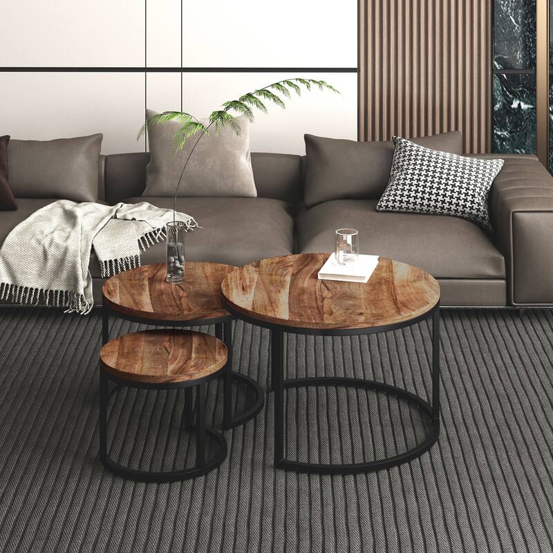 Rustic Modern Solid Wood and Iron 3pc Coffee Table Set - Natural and Black