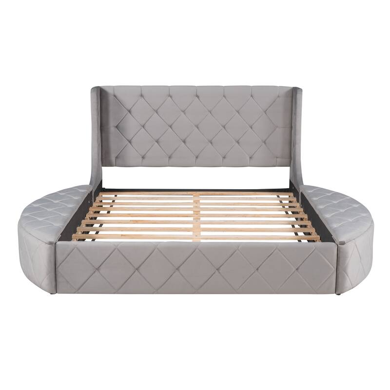 Queen Size Velvet Upholstered Platform Bed with Wingback Headboard, Storage Drawer, and Side Stools