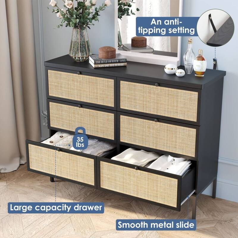 Boho Natural Rattan 6-Drawer Dresser