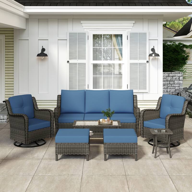 9-piece Rattan Conversation Set Wicker Sectional Patio Sofa Set - Grey Frame - Blue/Grey