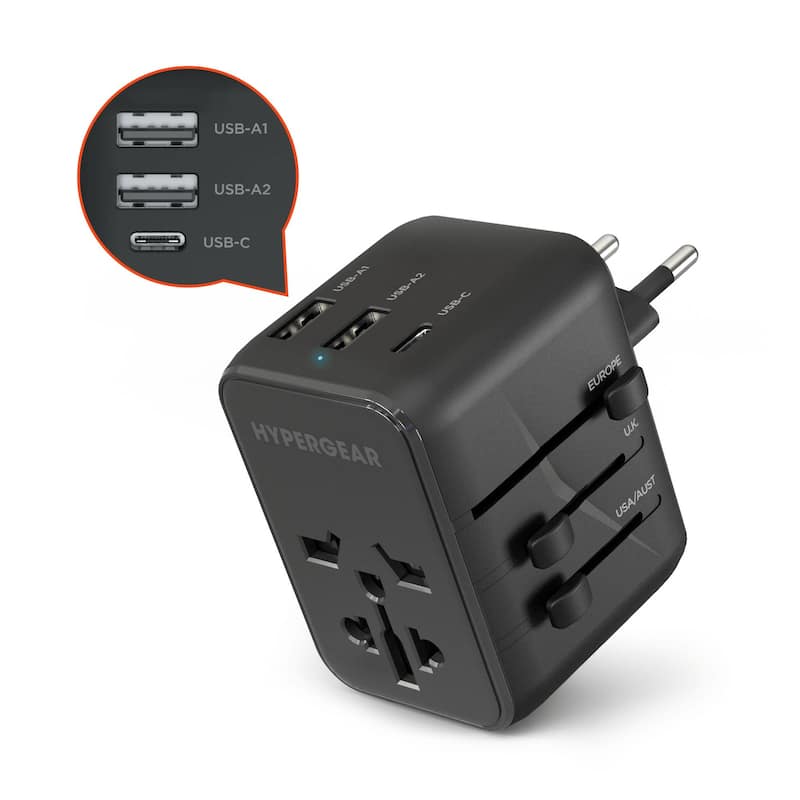 HyperGear WorldCharge Universal Travel Adapter with USB-C - Black