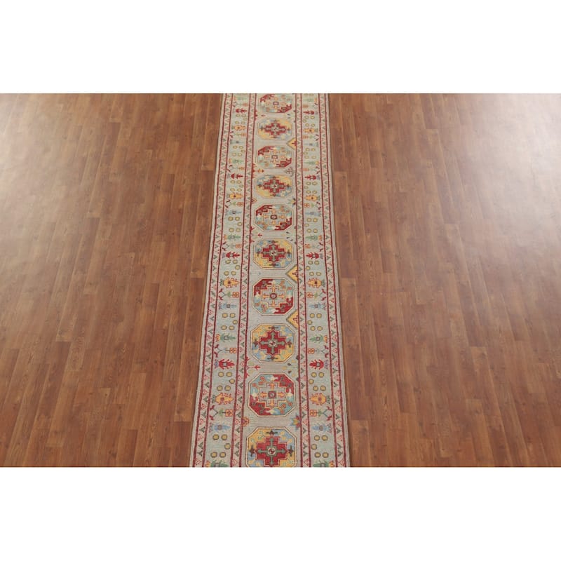 Hand Knotted Oriental 100% Wool Carpet Traditional Geometric Multi-Colored Kazak Runner Rug - 19' 10'' X 2' 6''