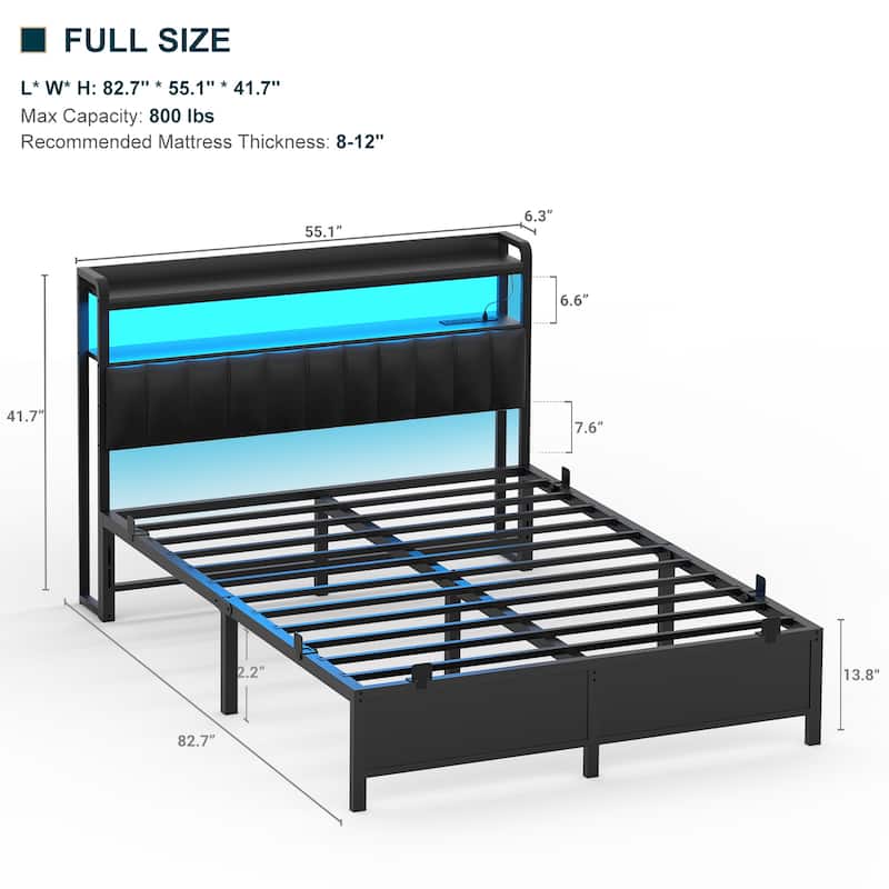 Platform Bed Frame with Upholstered Storage Headboard, Full/ Queen/ King Beds with Charge Station and LED Lights
