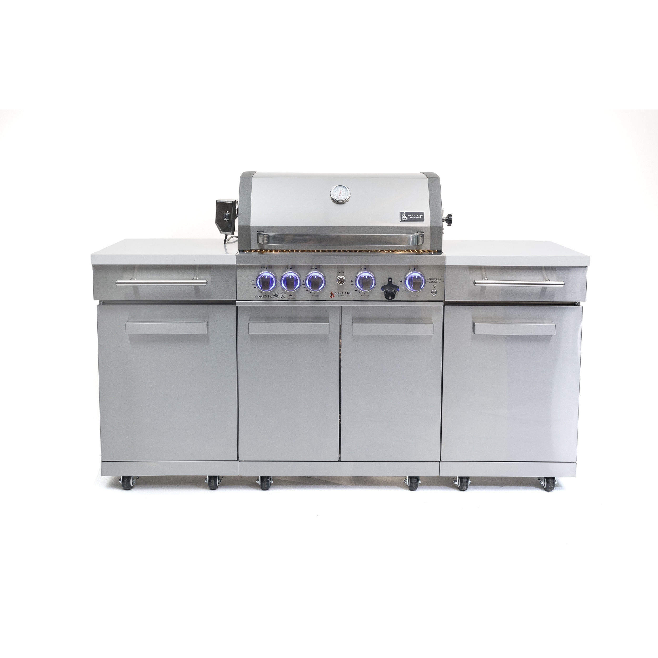 Mont Alpi Premium 70"W Stainless Steel Outdoor Kitchen Island + Storage Cabinets + 32"W 4-Burner BBQ Grill with Rear Burner