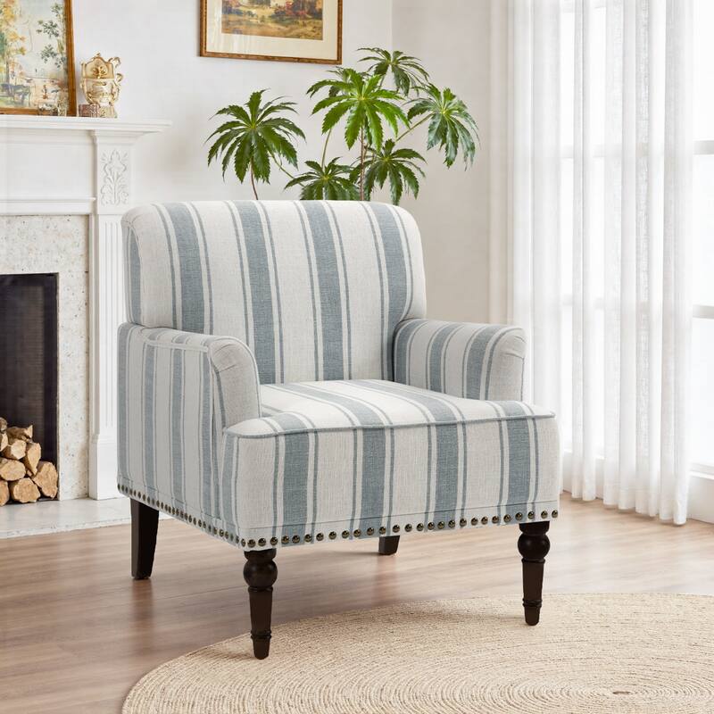 Striped Upholstered Linen Armchair with Brass Nailhead Trim