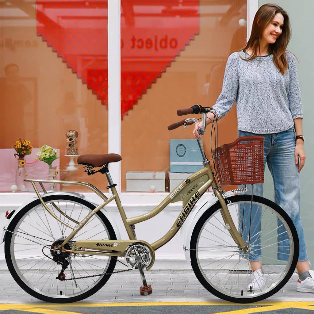 Cruiser Bike 26In Tropical Style Beach Bike Grocery Basket 7 Adjustable Speeds