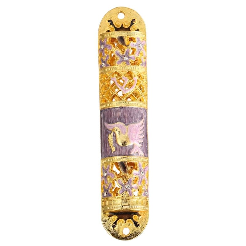 Matashi Hand Painted Enamel Mezuzah Embellished with a Floral Design with Gold Accents and High Quality Crystals