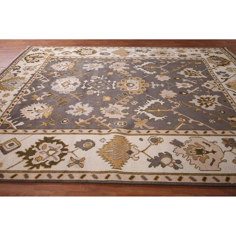 Dark Gray & Ivory Oushak Oriental Area Rug Hand-Knotted Wool Carpet - 9'2" x 11'7"