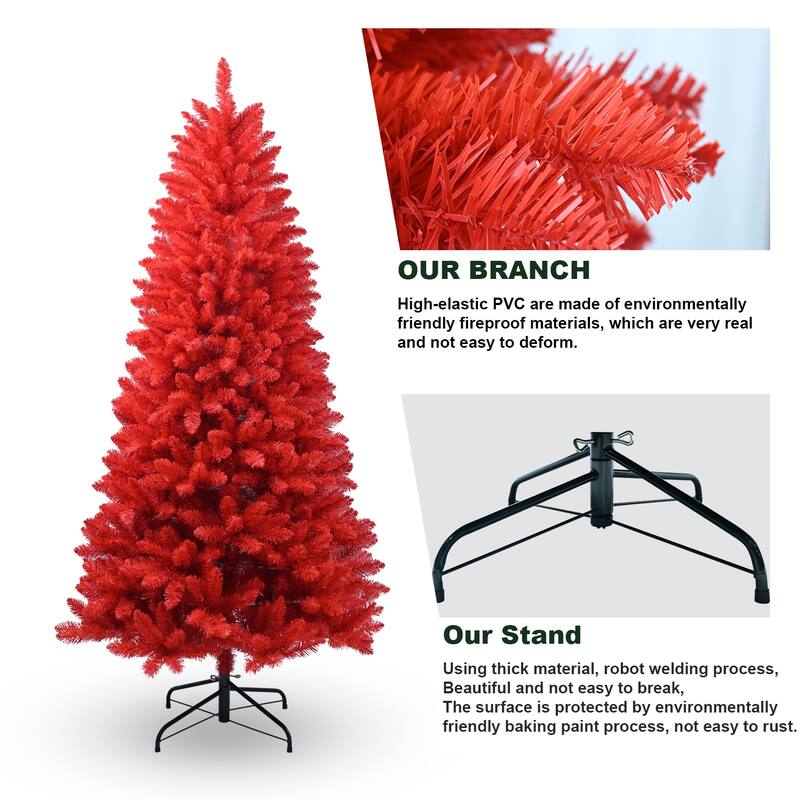 Anmytek 5FT/6FT Red Christmas Tree - 624 Tips Hinged Branches and Stable Metal Stand