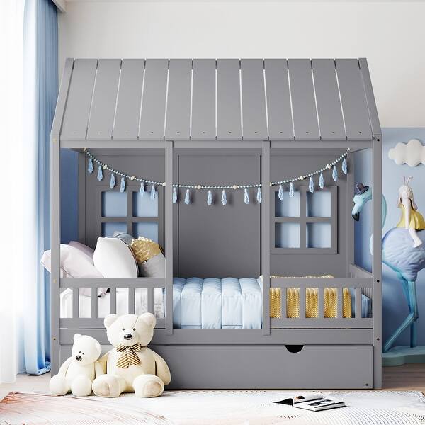 slide 2 of 13, Full Size Wood House Bed with Trundle in Gray Grey