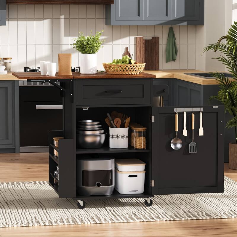 Anmytek 39.3" Farmhouse Rolling Kitchen Island with Drop Leaf, Storage, Lockable Wheels, Black