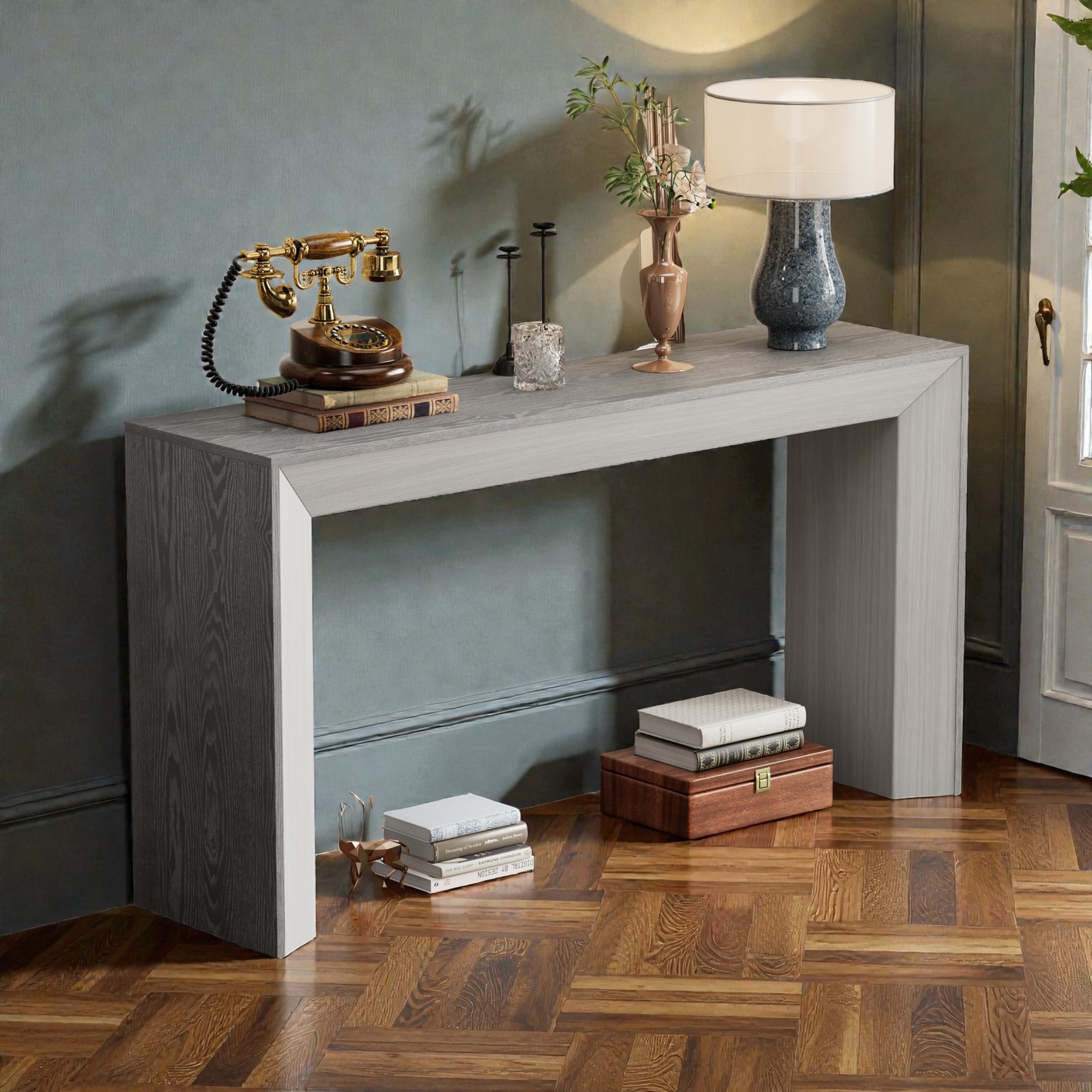 Console Table with Fireplace Inspired Design, Entryway Sofa Table with Wood Veneer Top for Hallway Living Room - MDF