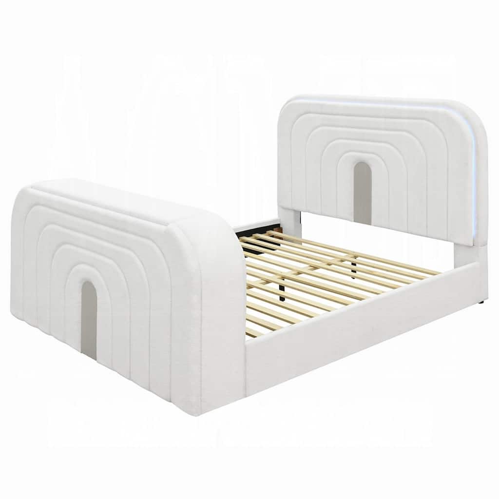 Kery Queen Bed with TV Lift, LED Fireplace, Bluetooth, White Teddy Sherpa
