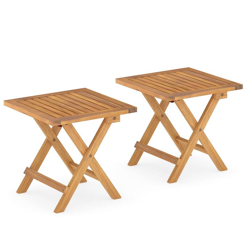 16” Portable Natural Acacia Wood Folding Side Table with Slatted Tabletop Ideal for Indoor or Outdoor