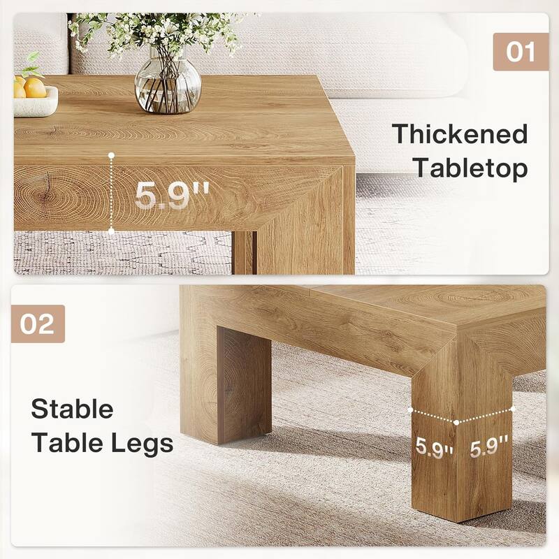 39.37-Inch Farmhouse Square Coffee Table for Living Room, Low Large Center Tea Accent Table