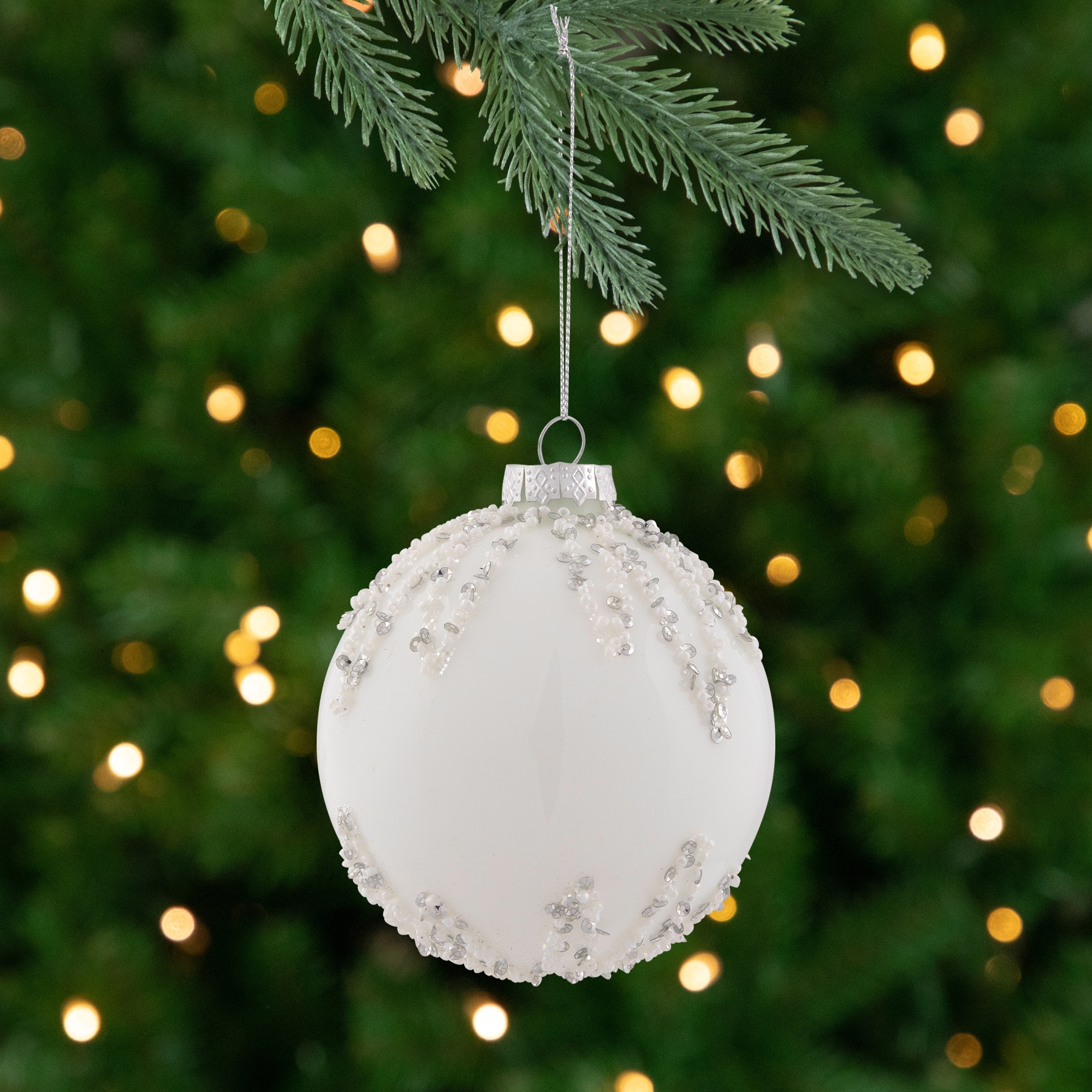 Sequin Beaded Christmas Glass Ball Ornament - 4" - White
