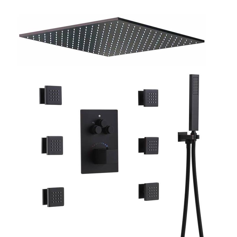 20" Ceiling Rainfall Shower 3 Way Thermostatic Faucet System w/ 6 Body Jets