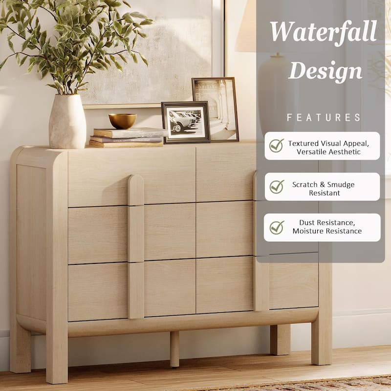 WAMPAT Mid Century Wood 6 Drawer Dresser For Bedroom, Modern Chest Of Drawers With Curved Profile Design