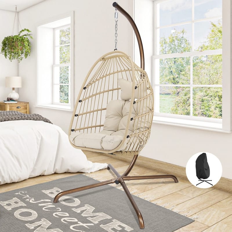 FINCATI Indoor Royal Oversized Hanging Egg Chair with Stand, 350 lbs Outdoor Egg Swing Chair with Stand, Cozy Egg Chair Swing - Beige/Cover