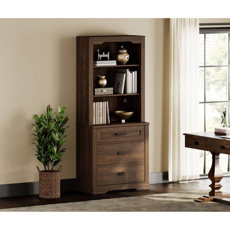 3 Tier Bookcase with Drawer,73.3" Tall Floor Standing Bookshelf - 31.5" - Dark Brown