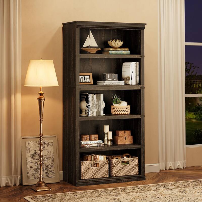 5 Tier Farmhouse Bookcase, 67.4" Tall Book Shelf with Storage, Wooden Bookshelves 5 Shelf