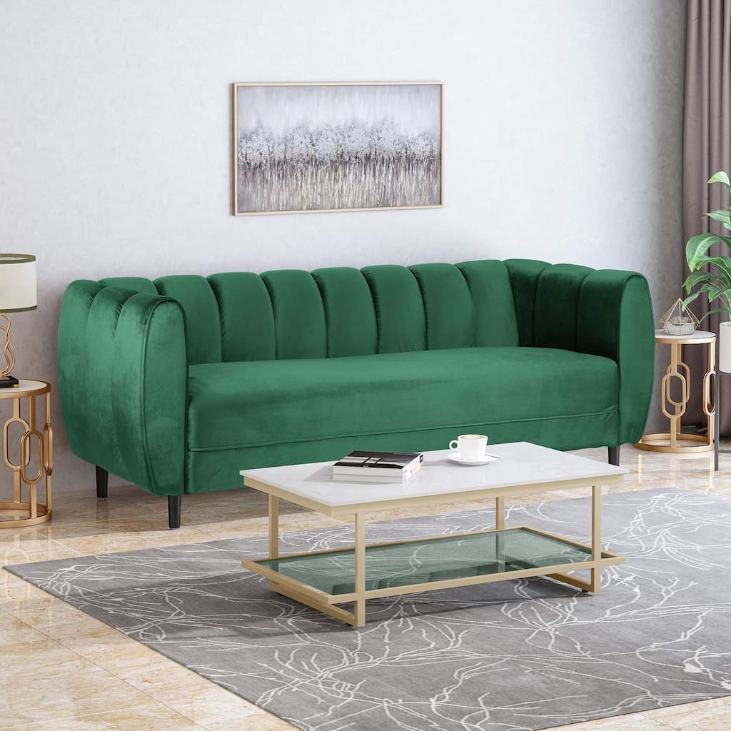 Emerald Velvet Channel Tufted 3-seater Sofa with Birch Wood Legs