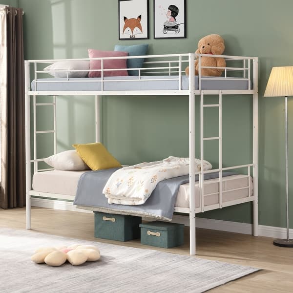 slide 2 of 11, Industrial Modern Twin over Twin Metal Bunk Bed with 2 Stairs, Save Space or Split Into 2 Beds, Durability & Stability, White White