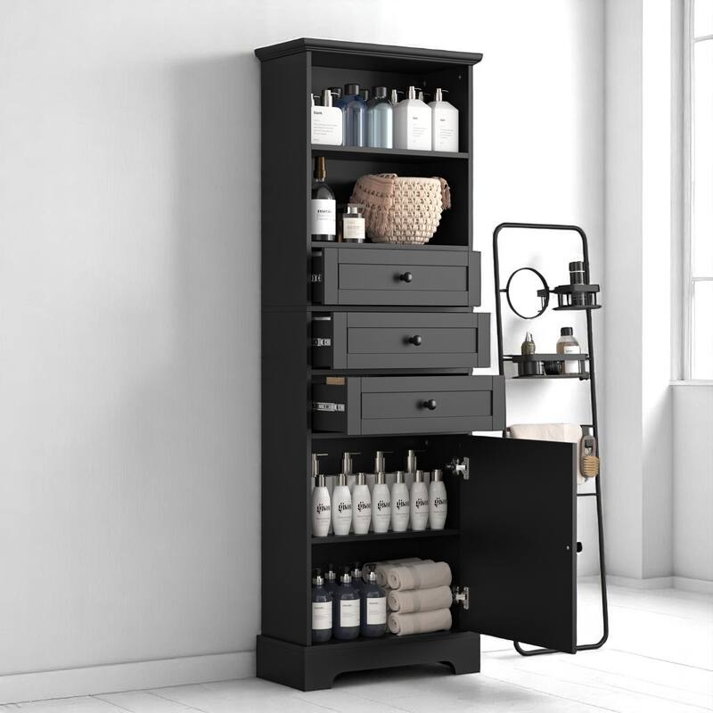 Tall Storage Cabinet with 3 Drawers & Adjustable Shelves, Freestanding MDF Organizer for Bathroom or Office