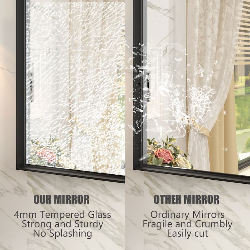 Full Size Metal Frame Wall Mirror Black Tempered Glass for Bathroom