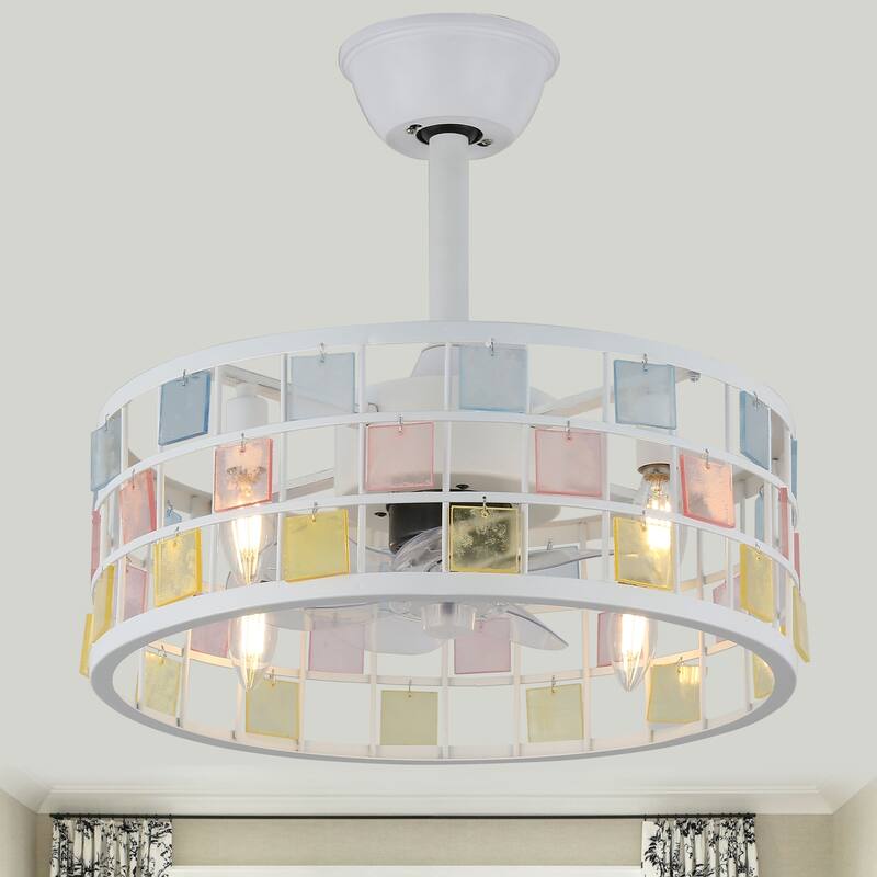 Oaks Aura Coronel 18in. DIY Tiffany Stained Glass Modern Ceiling Fan with Lights, Industrial 3-Speed Caged Ceiling Fan w/Remote