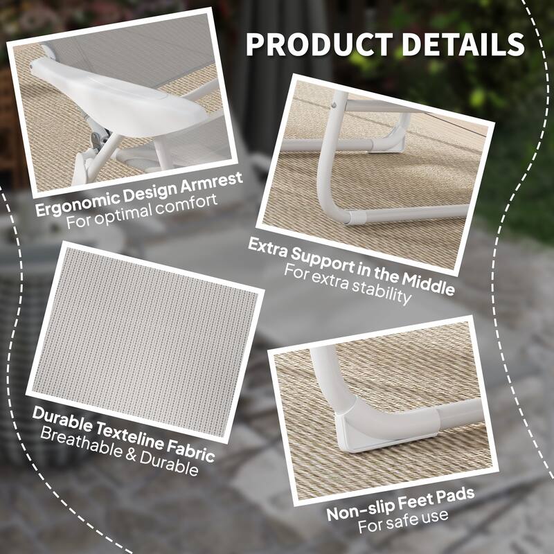 Foldable Adjustable Chaise Lounge Chair with Pillow and Armrests Portable Mesh Sun Lounger for Patio Poolside and Backyard