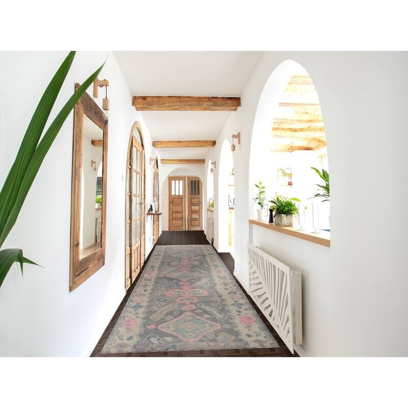 Hand Knotted Oriental 100% Wool Carpet Transitional Geometric Greys & Charcoal Oushak Runner Rug - 16' 1'' X 3' 5''