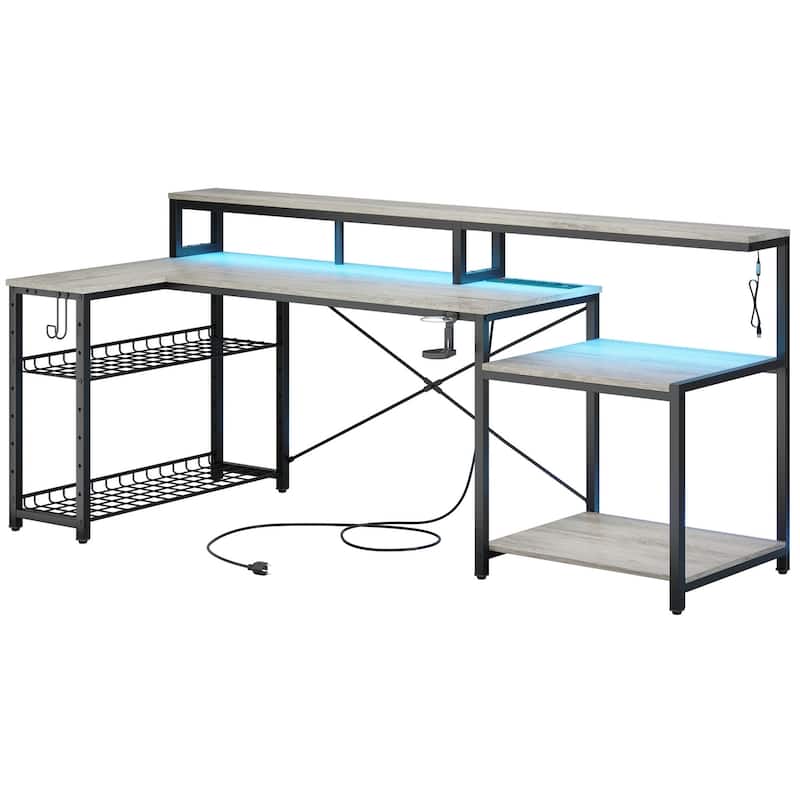 Bestier 71.5“” Computer Desk with Power Outlets, L Shaped LED Home Office Desk with Long Monitor Stand and Cup Holder & Hooks
