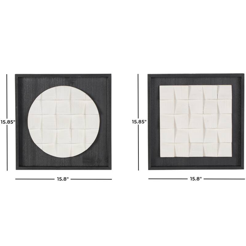 White Wood 3D Cube Grid Geometric Home Wall Decor with Black Frames (Set of 2)