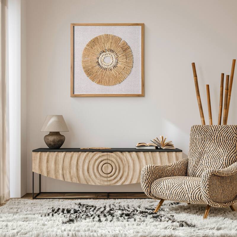 Boho Handmade Framed Straw Shell and Linen Wall Art Decor, 23.5"x23.5" - 23.5" x 23.5" - 23.5" x 23.5"