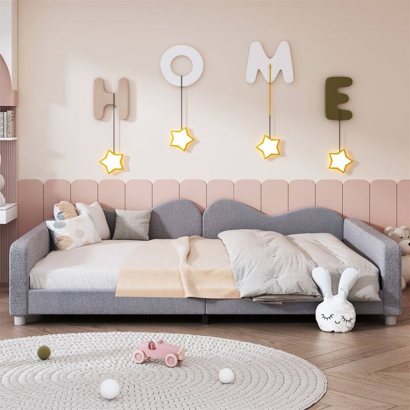 Upholstered Daybed with Cloud-Shaped Backrest, Twin/Full Size Sherpa Fabric Daybed Frame Sofa Bed with Support Legs for Kids