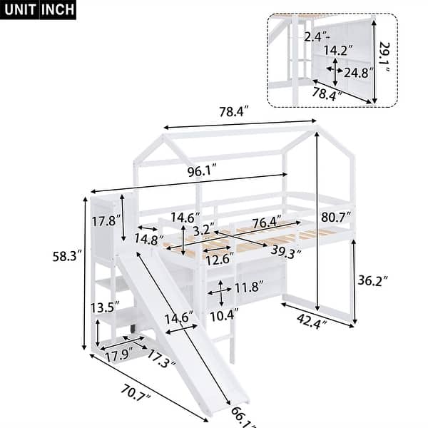 dimension image slide 0 of 2, Twin Size Wood House Loft Bed with Slide, Storage Shelves, Light, and Climbing Ramp