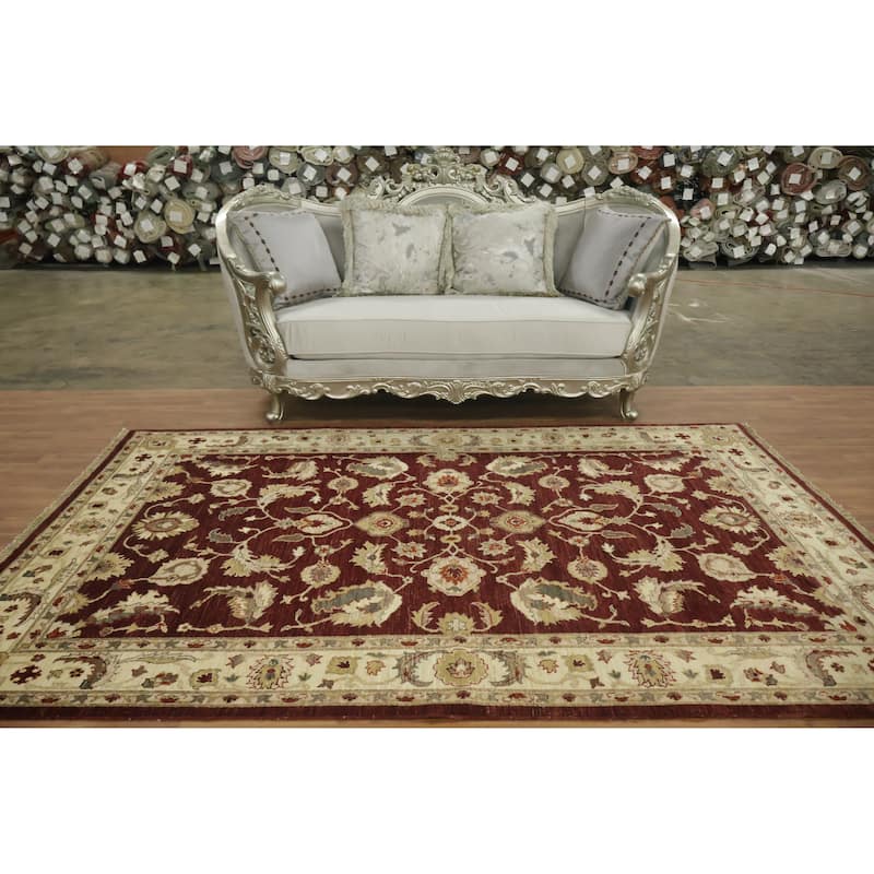 Hand Knotted Oriental 100% Wool Carpet Traditional All-Over Red Peshawar Area Rug - 9' 1'' X 6' 0''