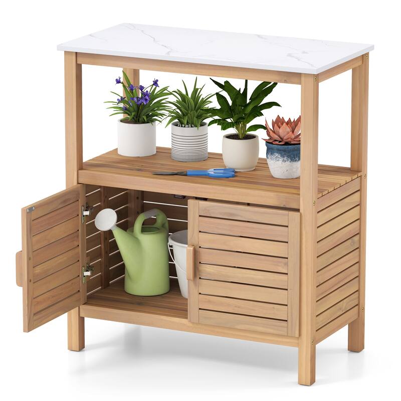 Gymax Outdoor Potting Bench w/ Resin Tabletop Storage Shelf & Cabinet