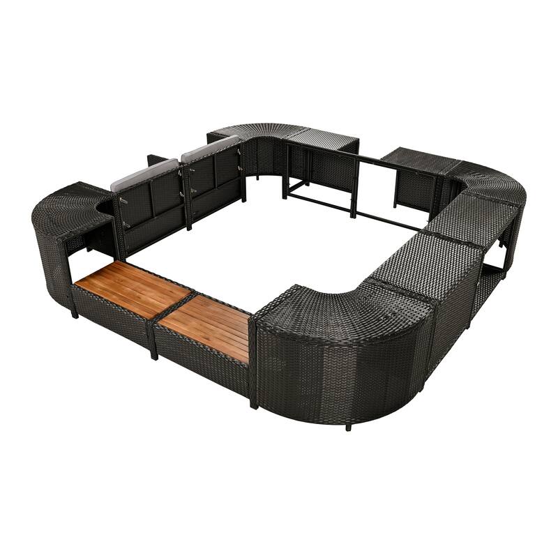 Outdoor Rattan Spa Frame Conversation Sofa Set with Storage & Wooden Bench