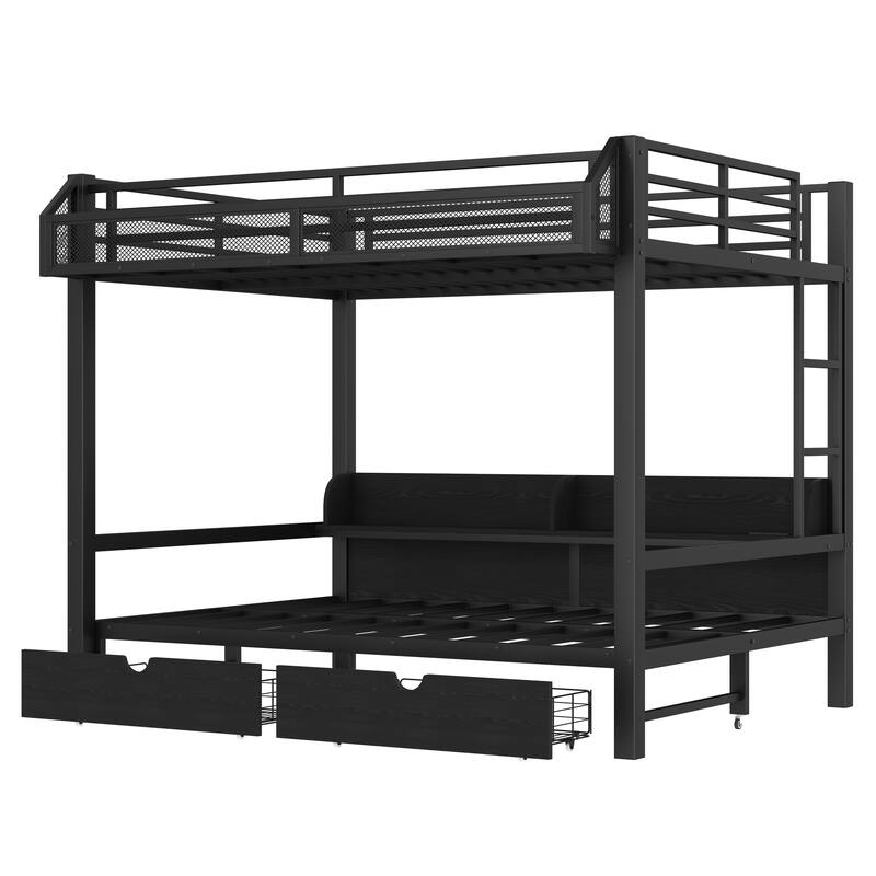 Full over Full Bunk Bed with Storage, USB Ports & LED Lights, Converts to Sofa, Metal Frame