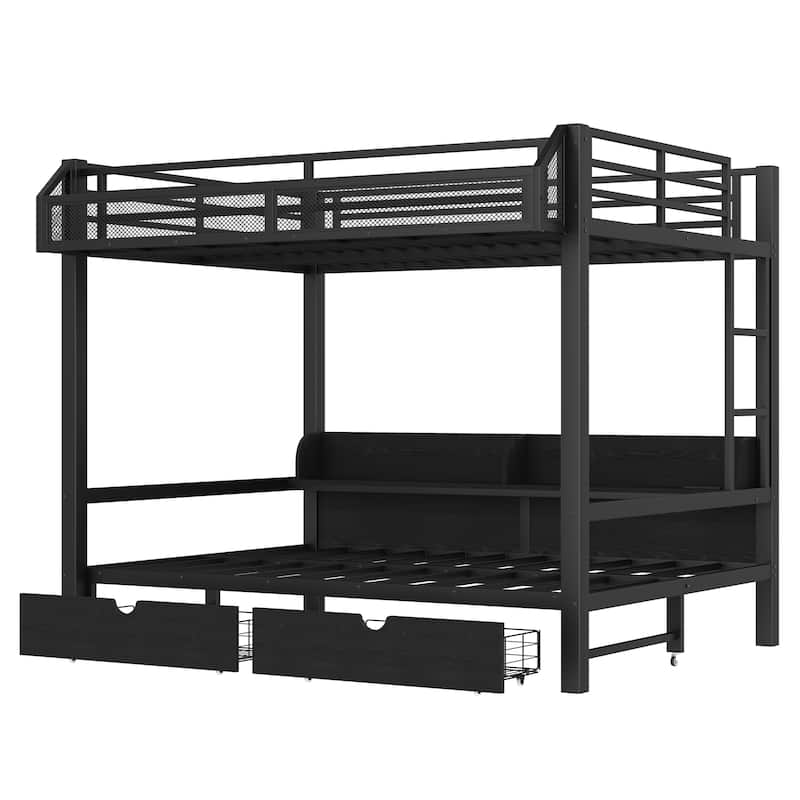 Queen over Queen Bunk Bed Frame with USB Ports, LED Lights, Net Storage Shelves and Drawers, Lower Bed Converted into Sofa