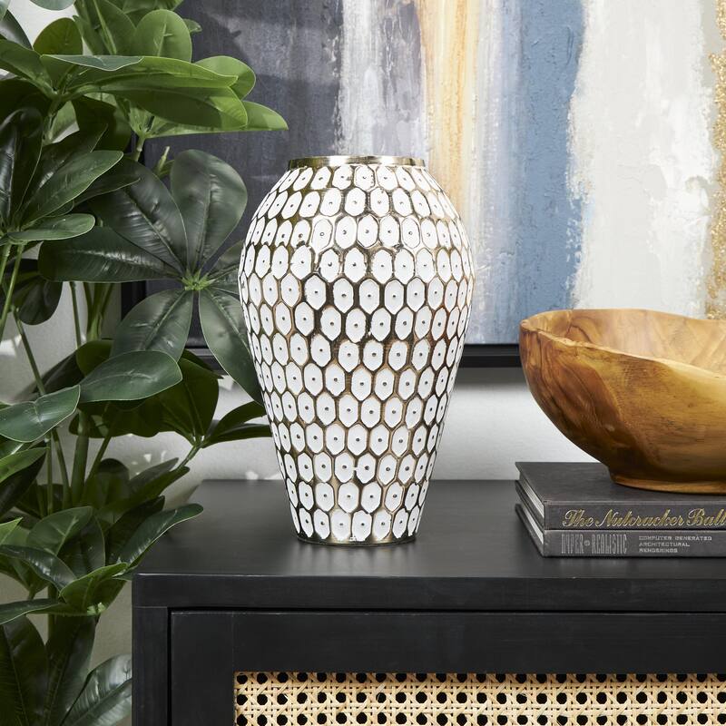 Metal Geometric Geometric Dot Decorative Vase with White Accents - Gold - Roche River Decor